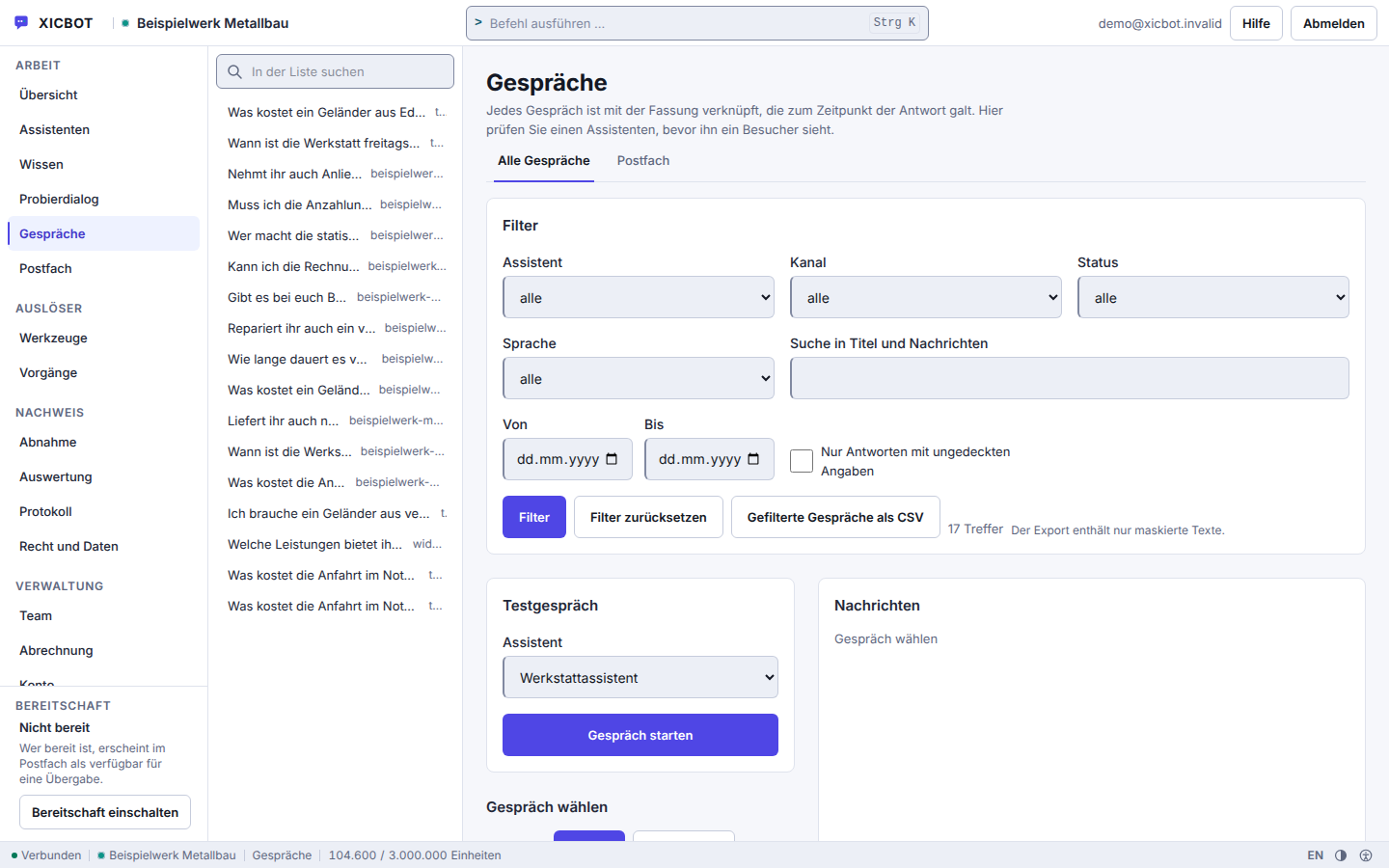 Die Gesprächsansicht: links die Liste der Gespräche, rechts Filter nach Assistent, Kanal, Status und Sprache sowie ein Testgespräch.